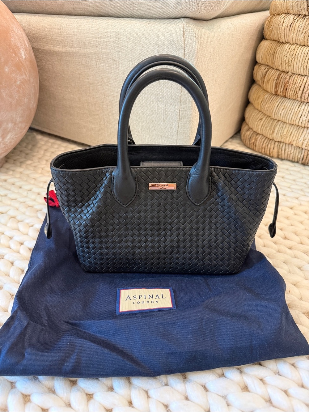 Aspinal London Black Woven Leather Tote Bag